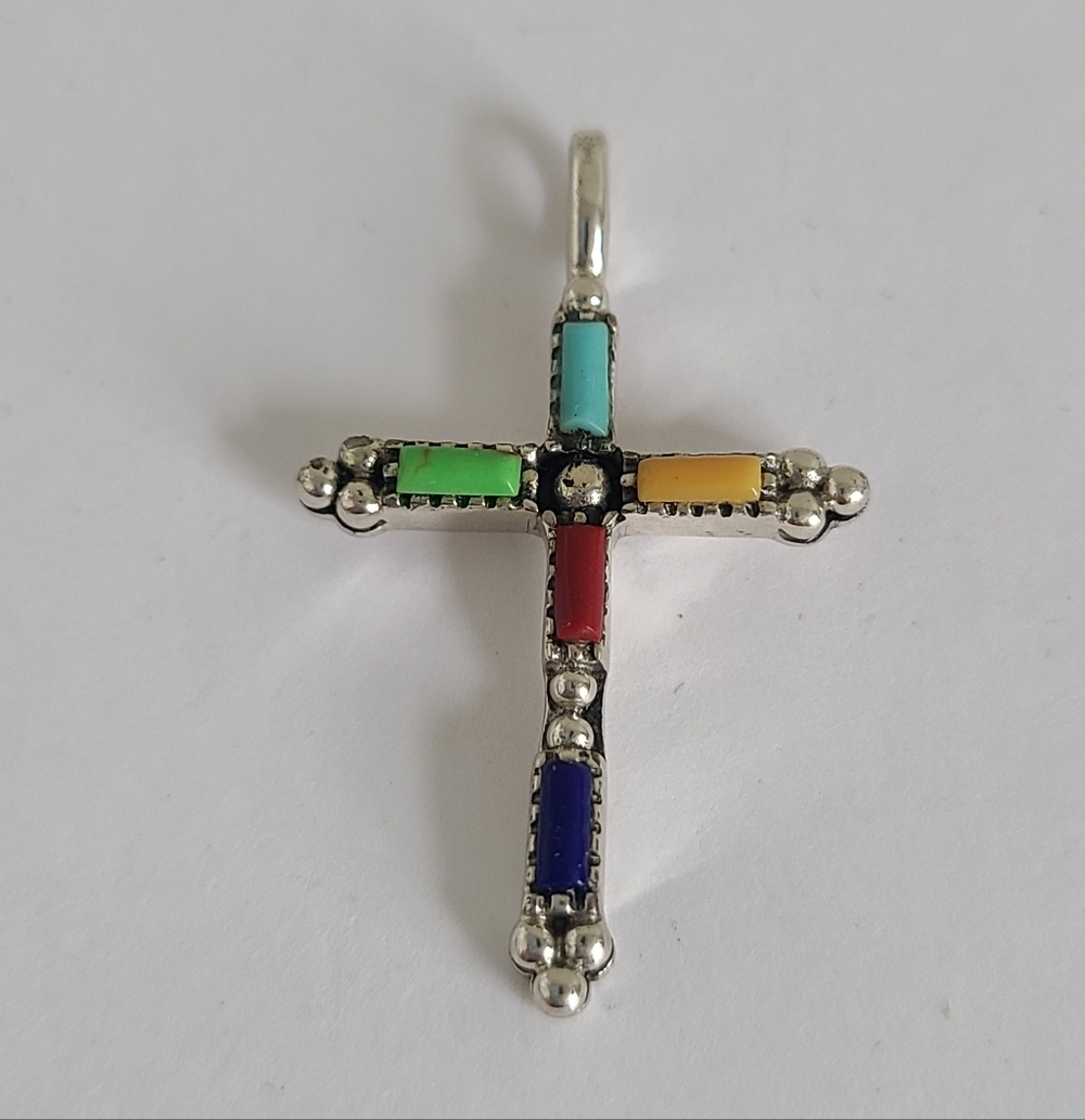 Vintage Sterling Silver Zuni Navajo Boho Gemstone Lapis Inlay Cross Pendant